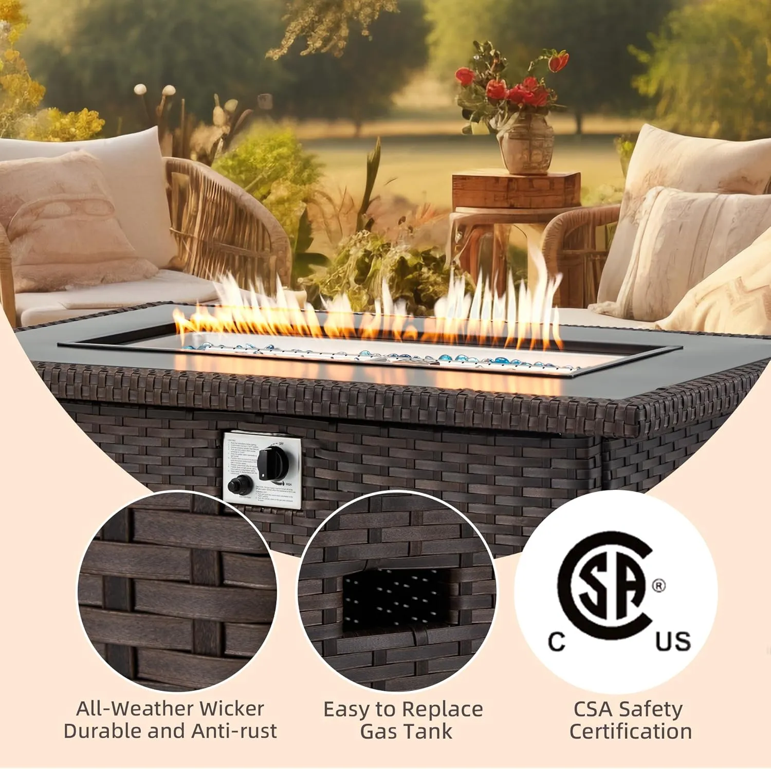Homrest Patio Propane Fire Pits,44in 50,000 BTU Auto-Ignition, Dark Brown