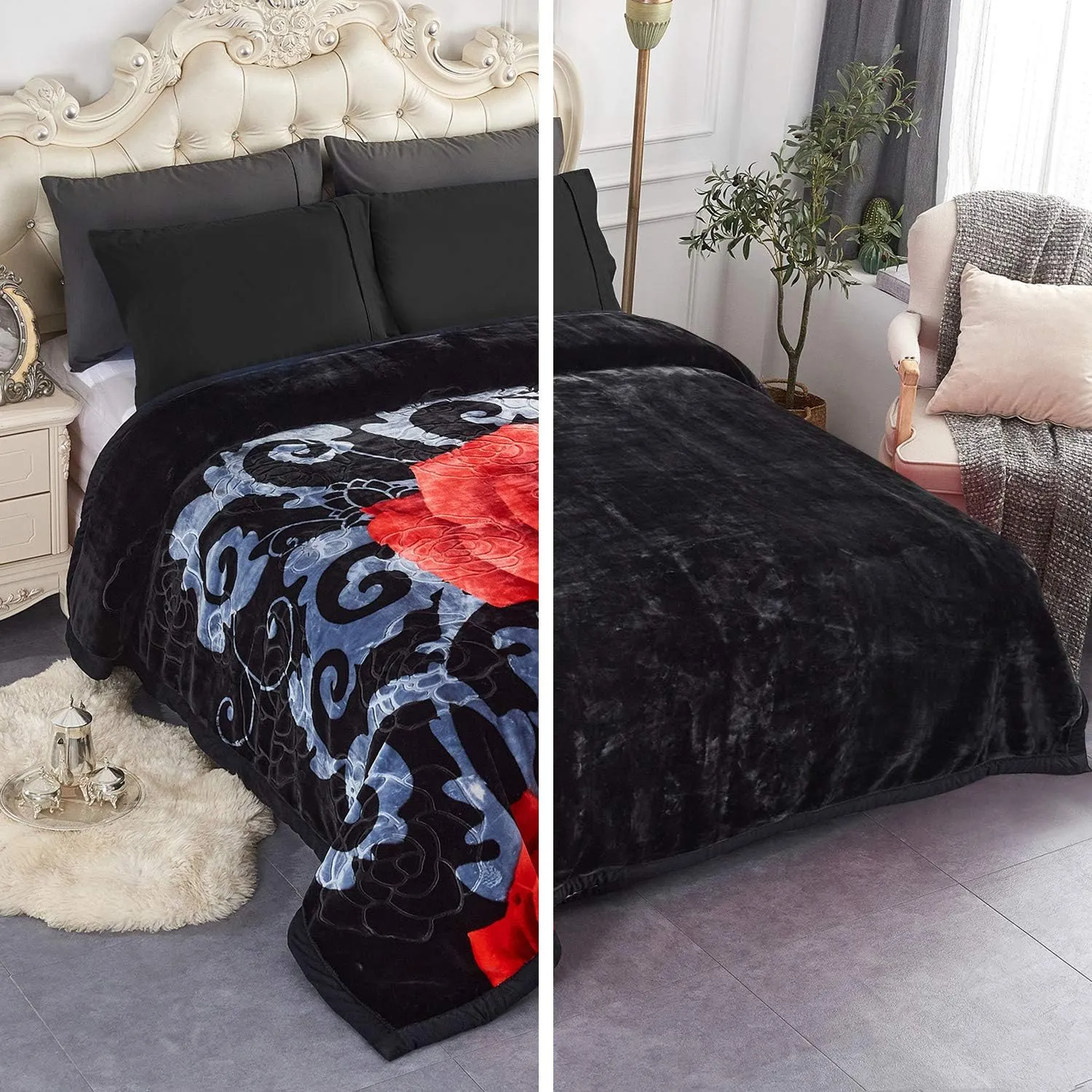 JML Heavy Fleece Blanket King Size 85"x 95", Plush Velvet Korean Style Mink Blanket, 2Ply Reversible Raschel Blanket - Silky Soft Wrinkle and Fade Resistant Thick Bed Warm Blanket, Black Floral