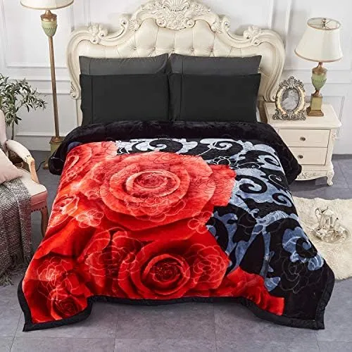 JML Heavy Fleece Blanket King Size 85"x 95", Plush Velvet Korean Style Mink Blanket, 2Ply Reversible Raschel Blanket - Silky Soft Wrinkle and Fade Resistant Thick Bed Warm Blanket, Black Floral
