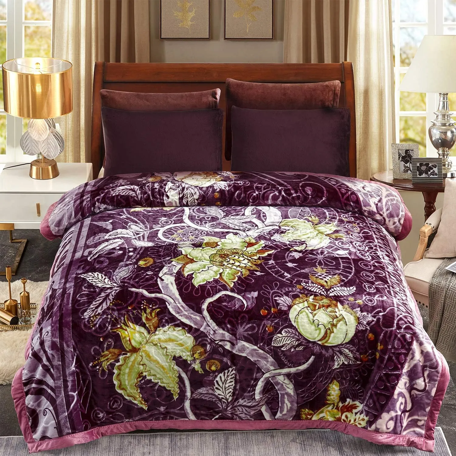 JML Plush Raschel Blanket, Korean Mink Blankets - Silky Soft, 2 Ply Printed Fleece Blanket (Purple, Queen)