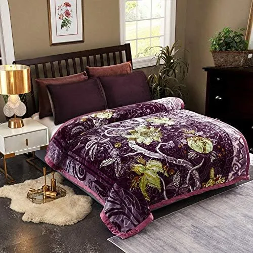 JML Plush Raschel Blanket, Korean Mink Blankets - Silky Soft, 2 Ply Printed Fleece Blanket (Purple, Queen)