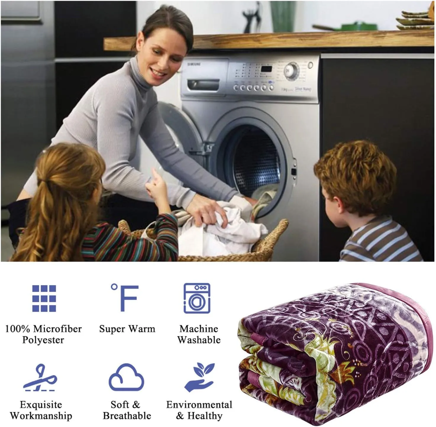 JML Plush Raschel Blanket, Korean Mink Blankets - Silky Soft, 2 Ply Printed Fleece Blanket (Purple, Queen)