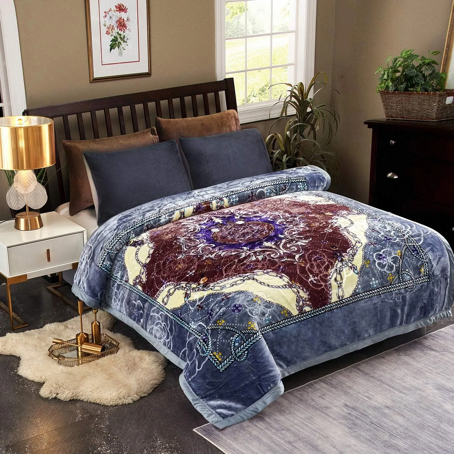 JML Plush Raschel Blanket, Korean Mink Blankets - Silky Soft, 2 Ply Printed Fleece Blanket (Purple, Queen)