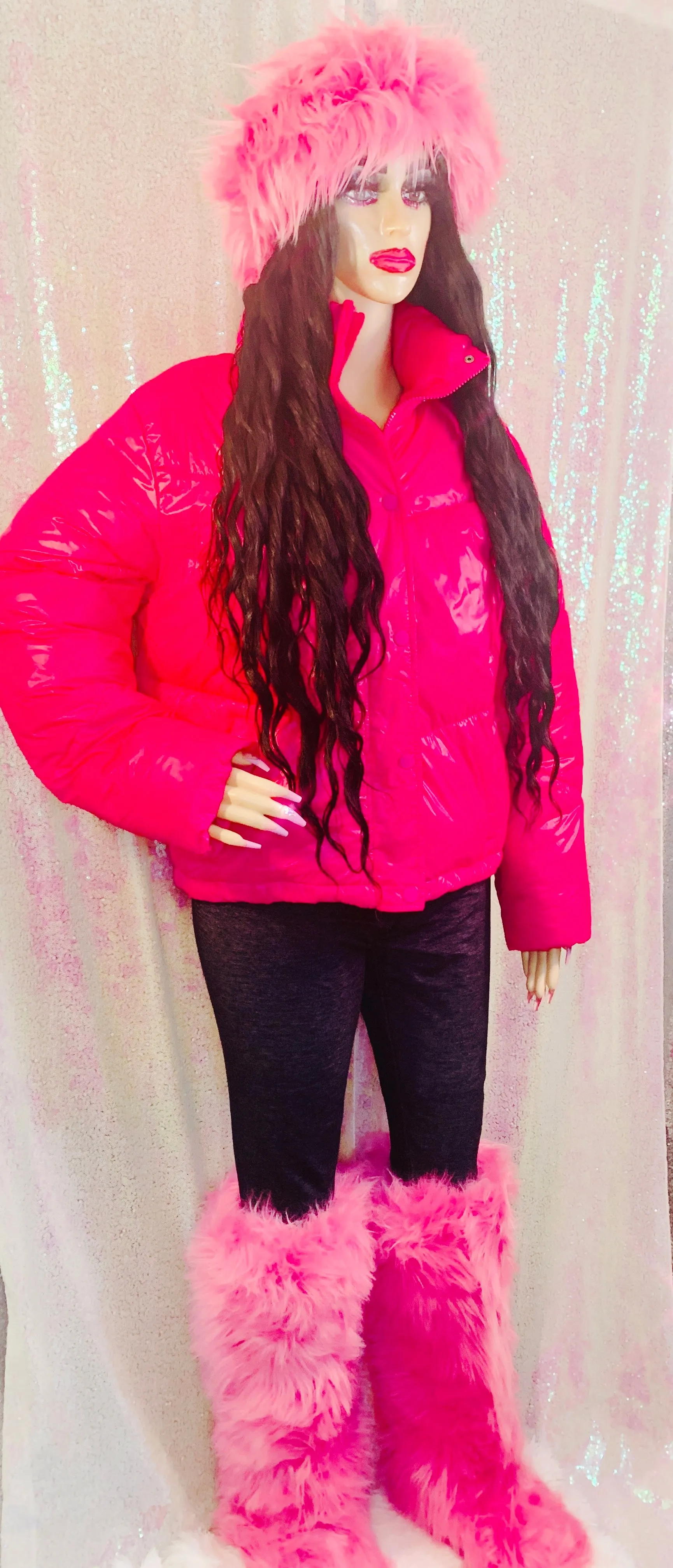 Pink Faux Fur High Knee Winter Boots & Faux Fur Headband