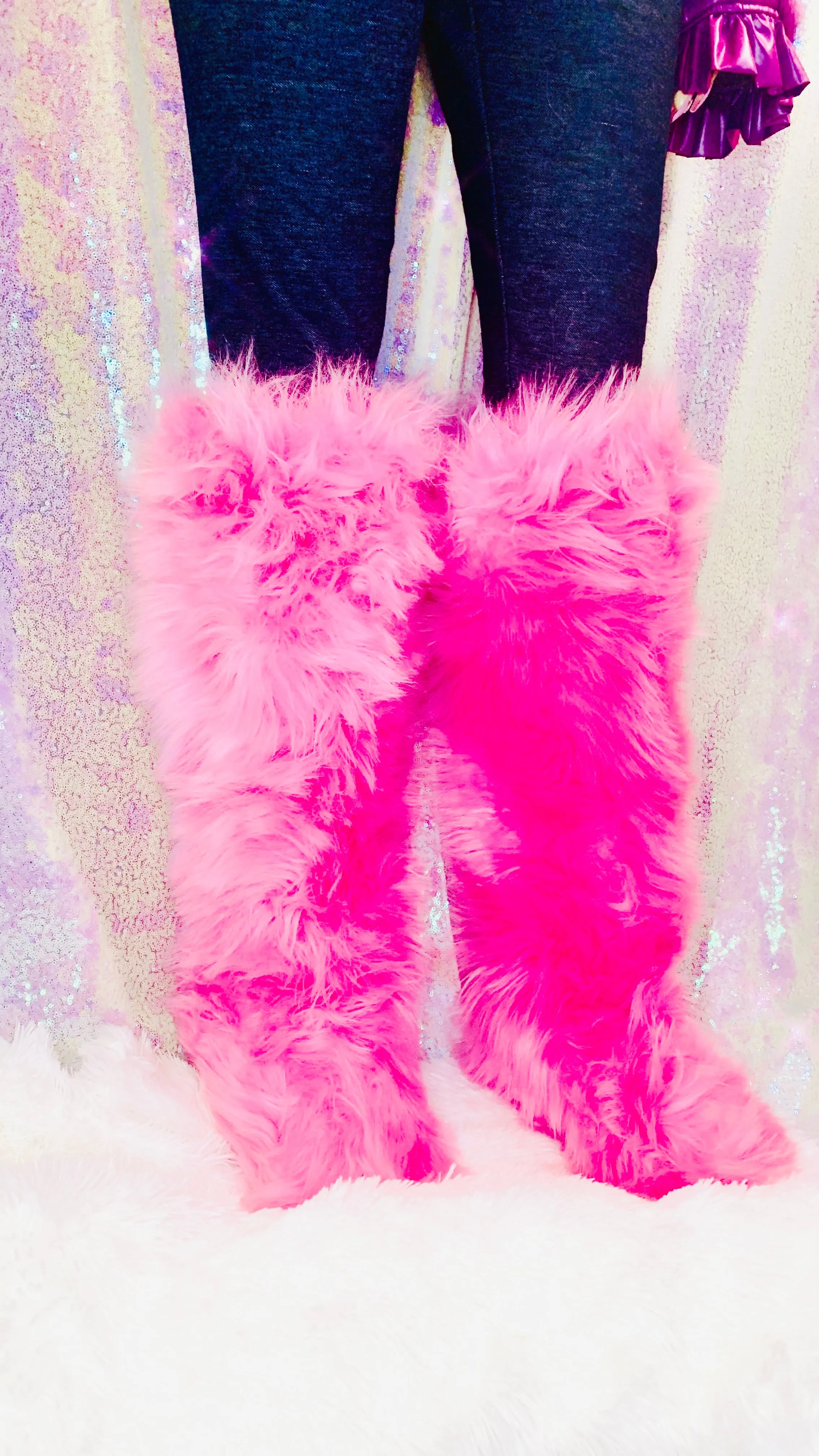Pink Faux Fur High Knee Winter Boots & Faux Fur Headband
