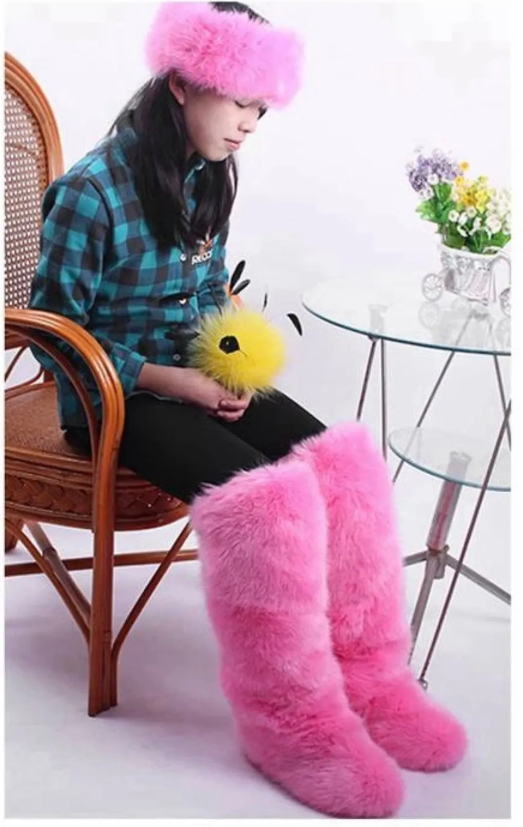 Pink Faux Fur High Knee Winter Boots & Faux Fur Headband
