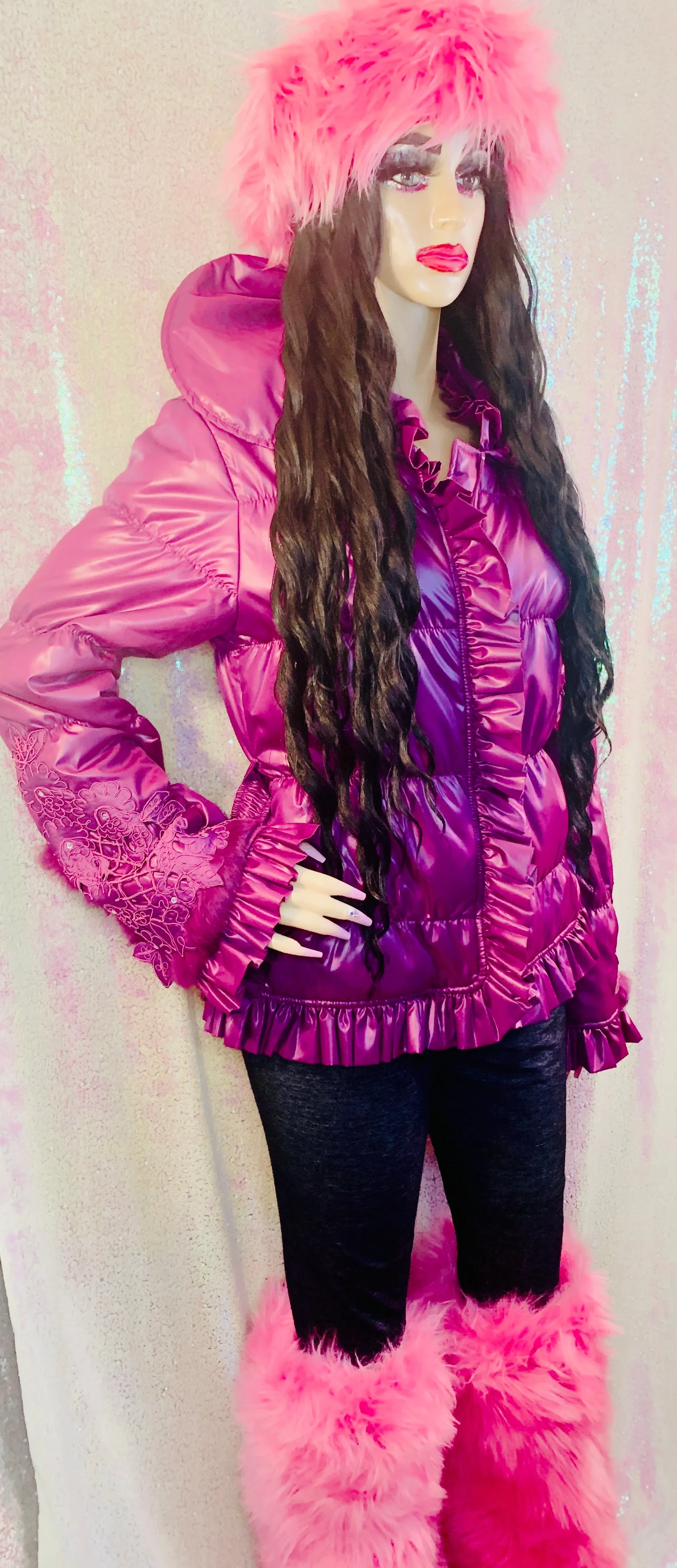 Pink Faux Fur High Knee Winter Boots & Faux Fur Headband