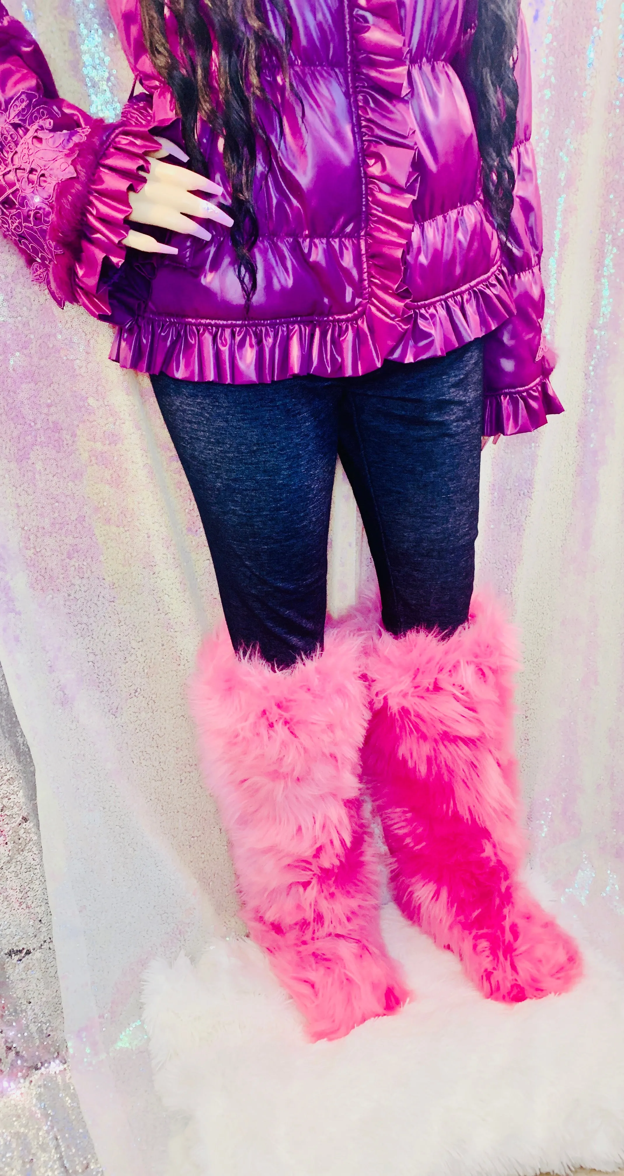 Pink Faux Fur High Knee Winter Boots & Faux Fur Headband
