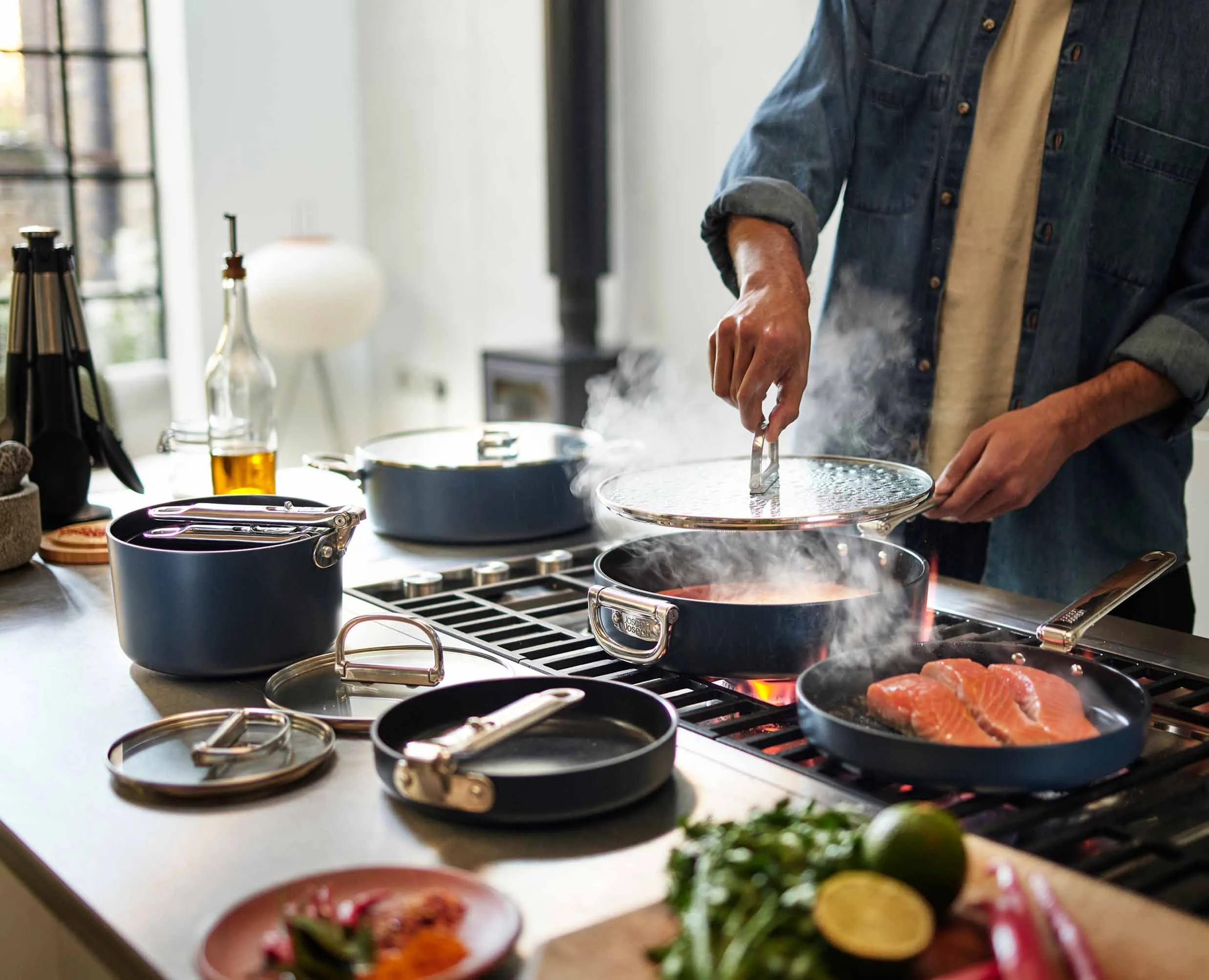 Space Folding Handle Ceramic Non-stick 6-piece Blue Cookware Set