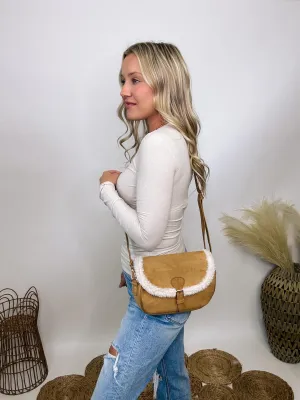 Tan Camel Faux Suede Cross Body Bag with Sherpa Detail